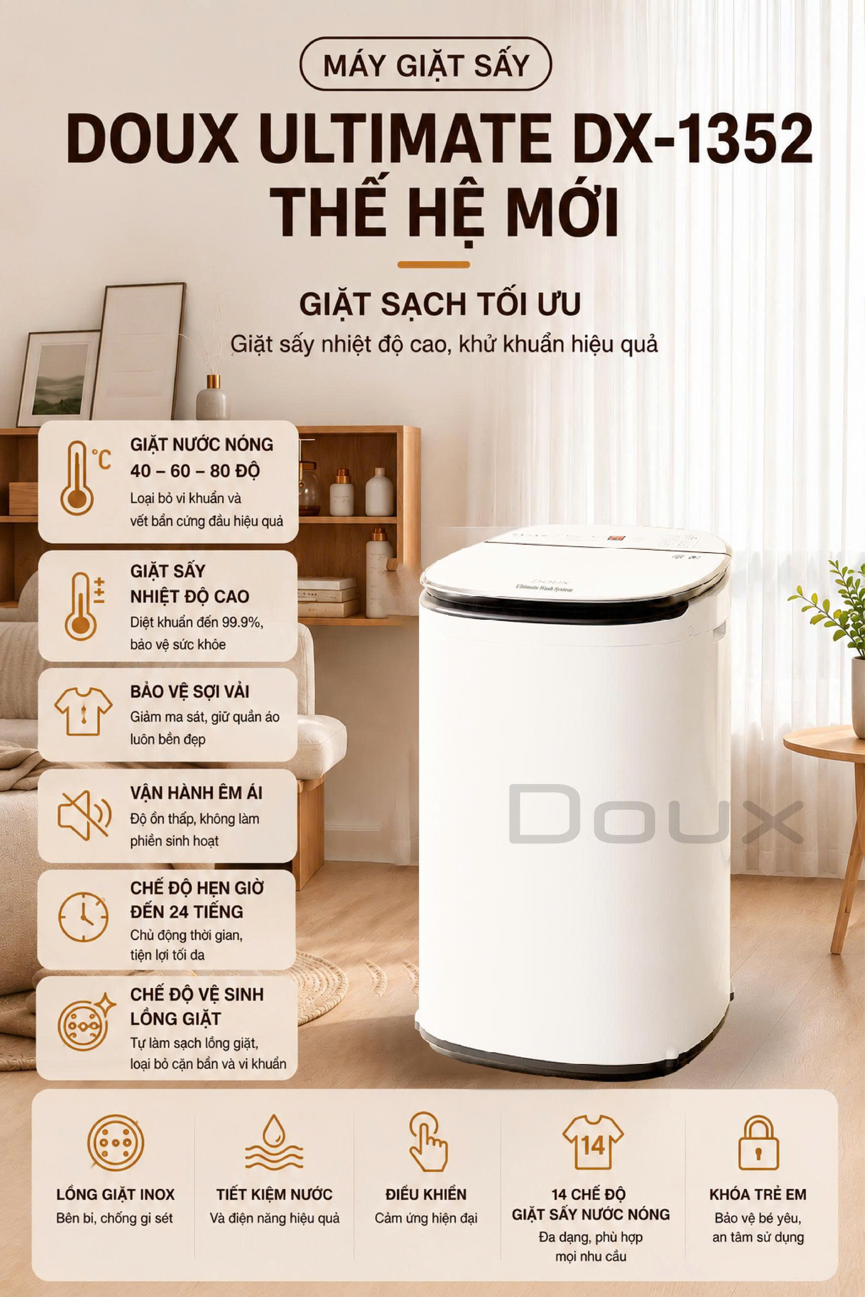 Máy Giặt Sấy Nước Nóng Doux Ultimate DX-1352 - Ảnh 3